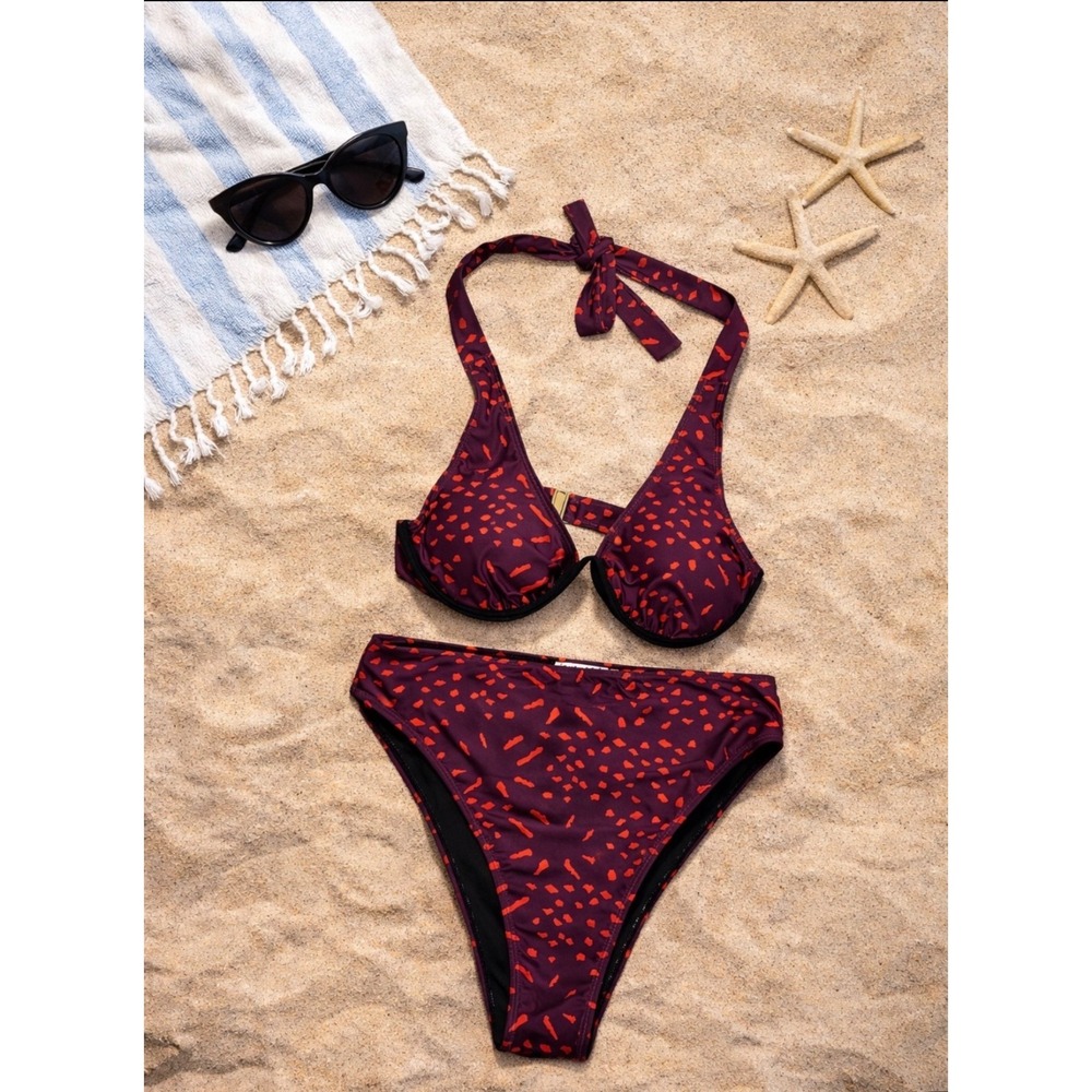 Shakara‎ Burgundy Speckled Bikini Set Halter Underwire High Cut